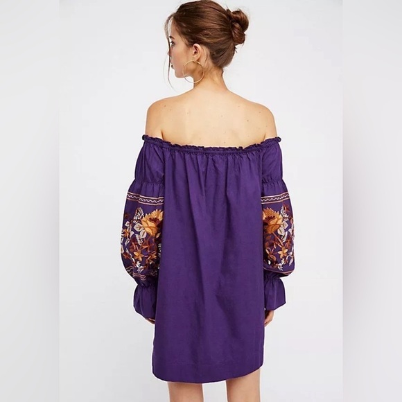 FREE PEOPLE FLEUR DU JOUR OFF-THE-SHOULDER EMBROIDERY DRESS PURPLE Sz L - Picture 12 of 13